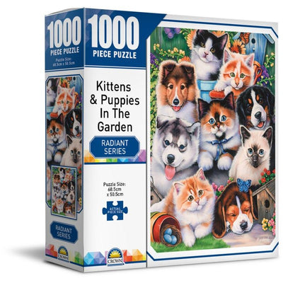CROWN RADIANT SERIES - KITTENS & PUPPIES IN THE GARDEN 1000PC PUZZLE - Toyworld Frankston