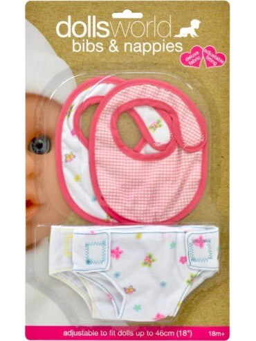 DOLLSWORLD FABRIC NAPPY & BIB SET - Toyworld Frankston