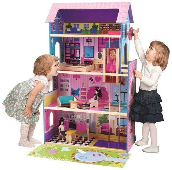 FIRST LEARNING WOODEN DOLLHOUSE WITH ELEVATOR & FURNITURE - Toyworld Frankston
